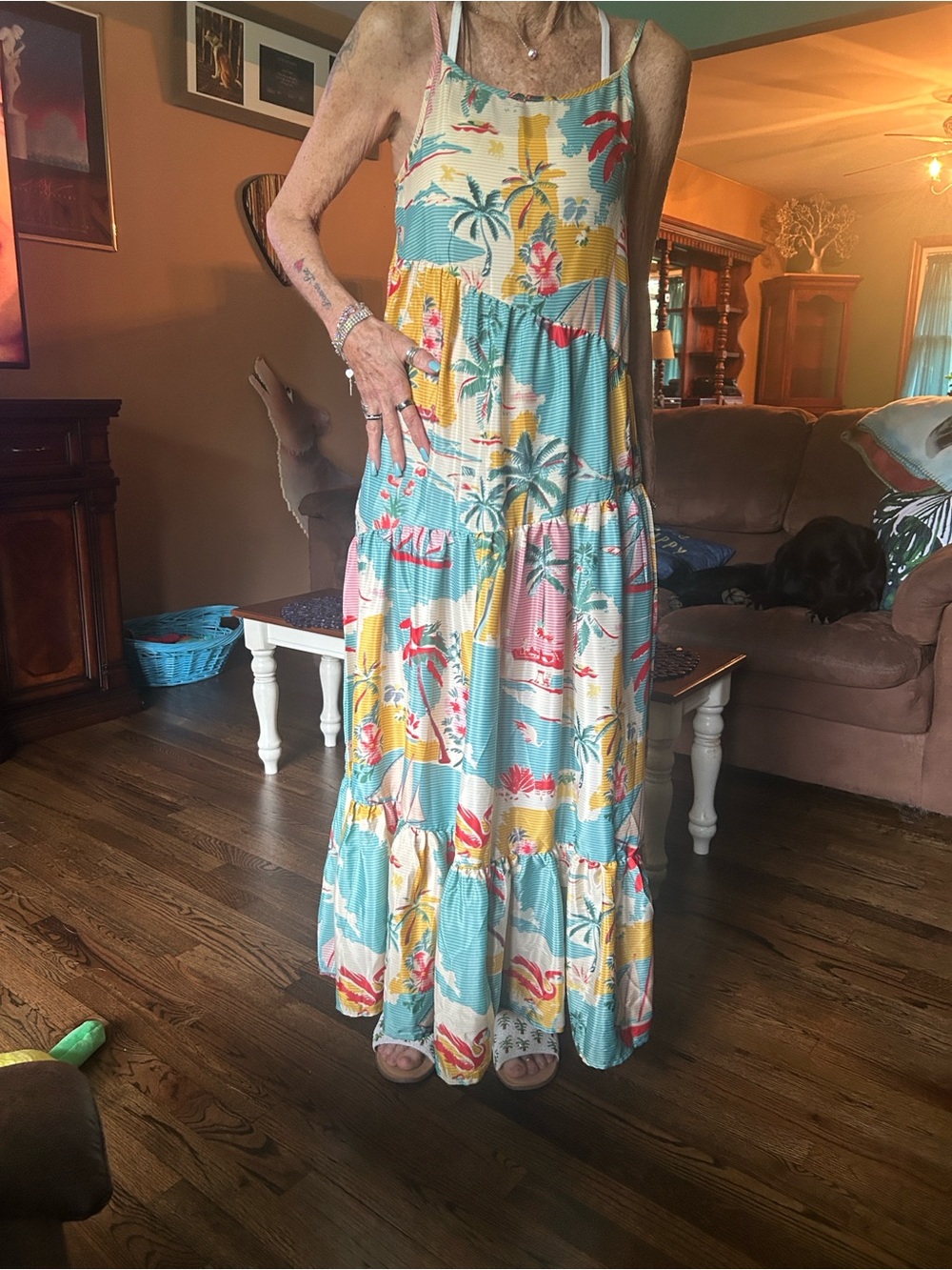 Tropical Print Tiered Maxi Dress